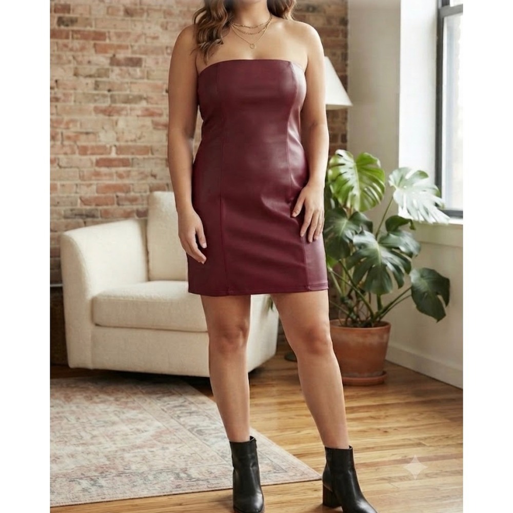 Burgundy Faux Leather Tube Dress Strapless Bodycon Mini Wine Red XL